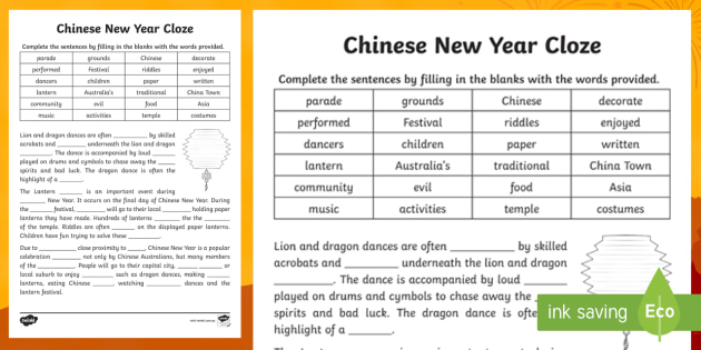 chinese new year english writing cloze worksheet primary