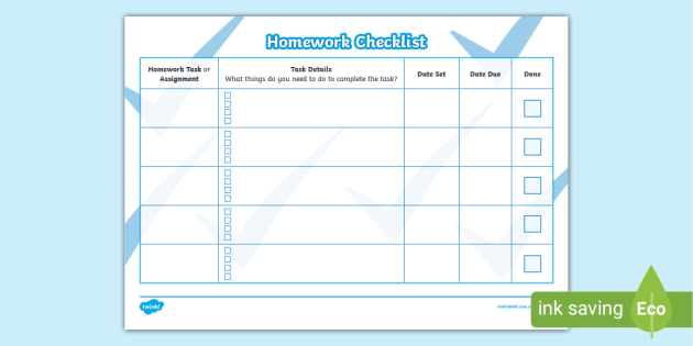 Homework Checklist Template for Students