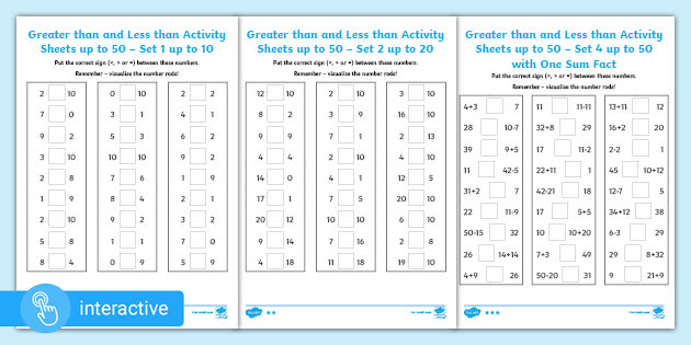 Greater Than and Less Than up to 50 Activity Sheets