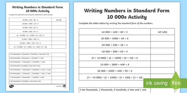 Writing Decimal Numbers In Standard Form Worksheets