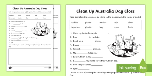 free clean up australia day worksheet f 2 cloze activity