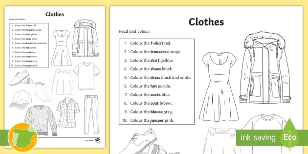A1 Ficha de actividad: Lee y colorea la ropa - inglés