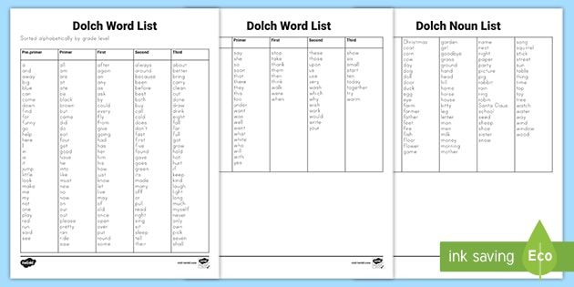 prek sight words from dolch list