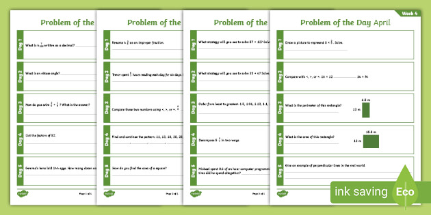 Fourth Grade Math Problem Of The Day April Activity