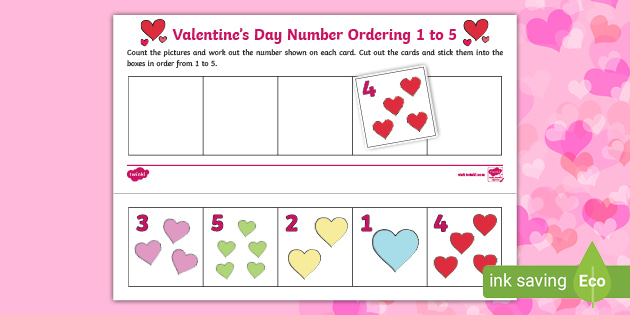 👉 Valentine’s Day Cut and Stick Number Ordering Sheet 1 to 5