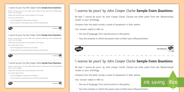 Gcse I Wanna Be Yours By John Cooper Clarke Edexcel Style Sample Exam