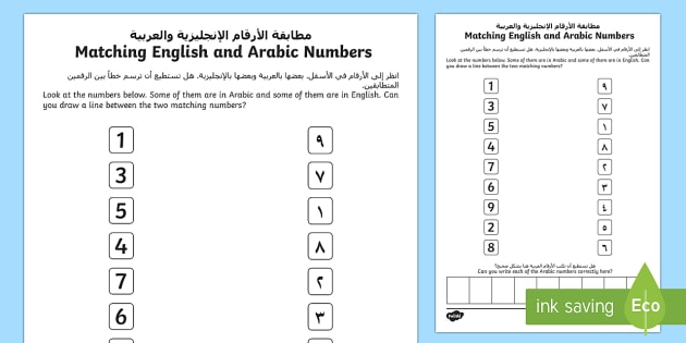 ey english and arabic number matching worksheet