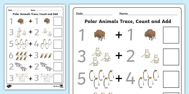 Polar Animals Trace Count and Add Worksheet (teacher made)