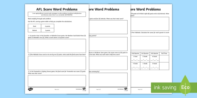 Afl Score Word Problems Worksheet Worksheet Teacher Made