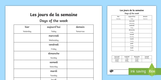 Worksheet Days Of The Week English French Teacher Made 