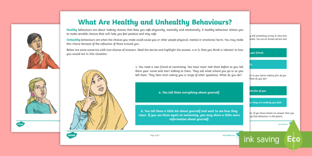 Healthy and Unhealthy Choices for Behaviour Worksheet