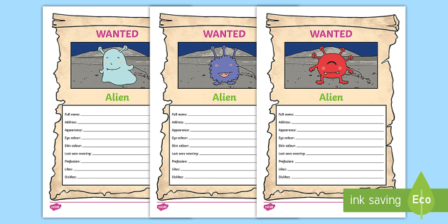 Name The Alien Themed Wanted Poster Teacher Made • what they are wanted for; name the alien themed wanted poster