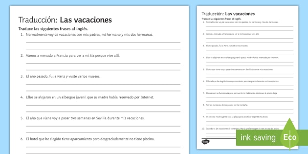 Homework (Tarea): Translating English to Spanish Worksheet for 6th - 12th  Grade