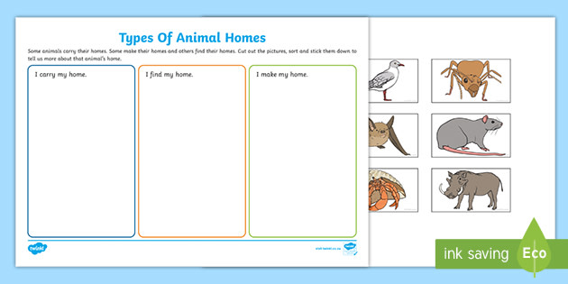 Types Of Animal Homes Sorting Worksheet (teacher made)