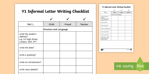 Year 1 Informal Letter Writing Checklist - letters 