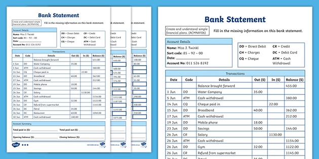 Bank Statement Worksheet (teacher made)