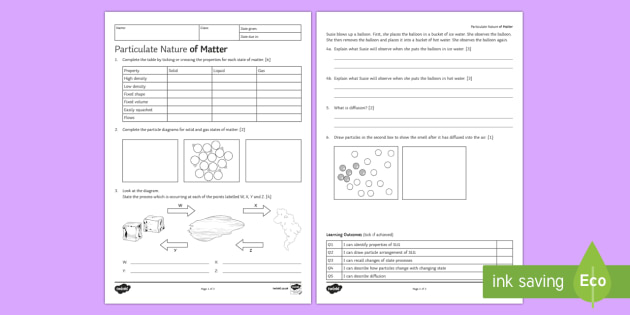 Particulate Nature of Matter Homework Worksheet / Worksheet