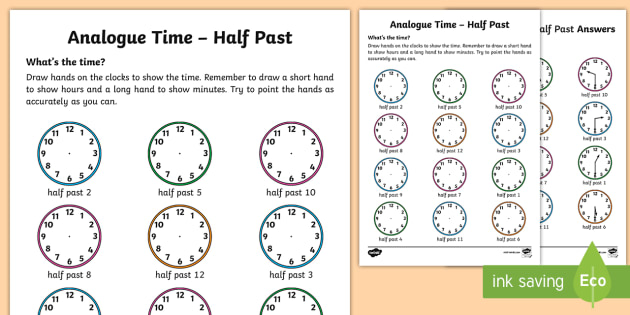 analogue time half past worksheet worksheet