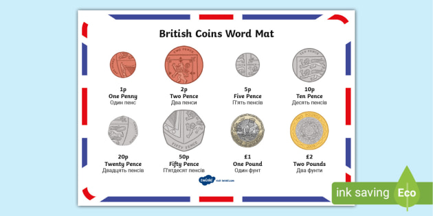 FREE Ukrainian Translation UK Coins Word Mat Twinkl