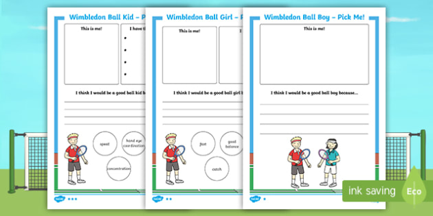 KS1 Wimbledon Ball Kid 'Pick Me' Writing Worksheet / Worksheet