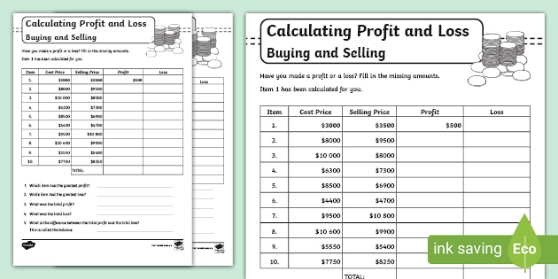 Calculating Profit and Loss Worksheets | Primary Resources