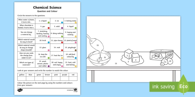 year 1 chemical science questions and colouring worksheets