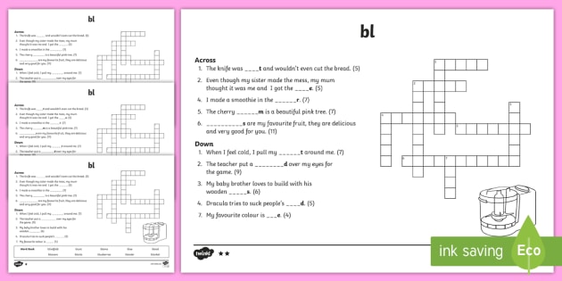 'bl' Consonant Blend Differentiated Crossword (teacher made)