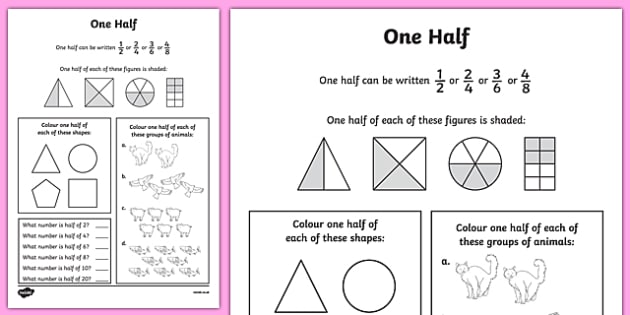 one half worksheet maths fractions halves activity