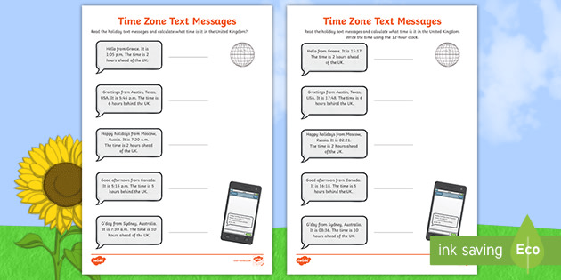 time zone text messages time interval worksheet