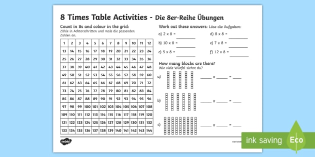 8 Times Table Worksheet Worksheet English German Englisch