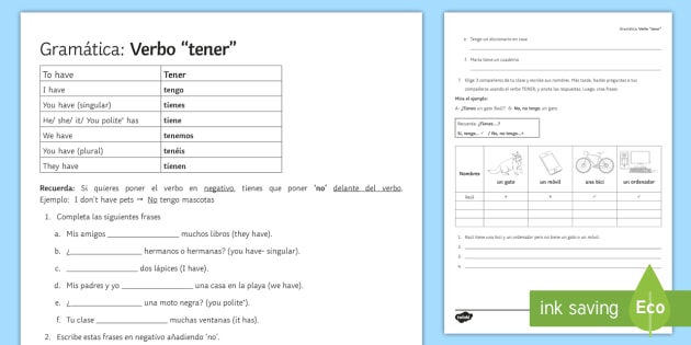 Verb Tener Spanish Worksheet Language Resource Twinkl Free printable spanish worksheets ks3