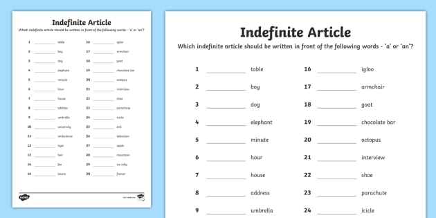 Indefinite Article Worksheet Twinkl Resources