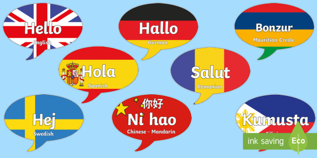 Illustration of speech bubbles with hello written in multiple languages