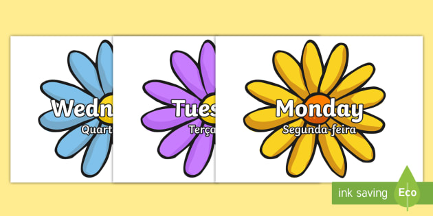 Days of the Week on Flowers Labels English/Portuguese - Days of the Week on