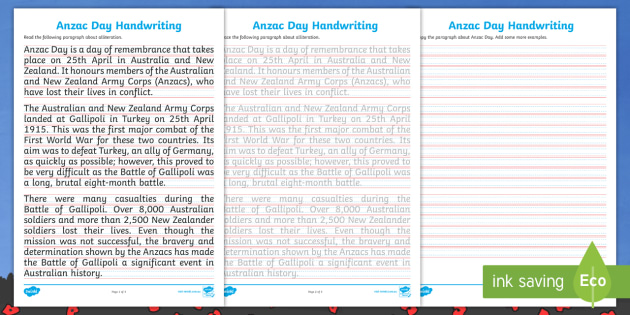 anzac day printable handwriting practice sheets literacy