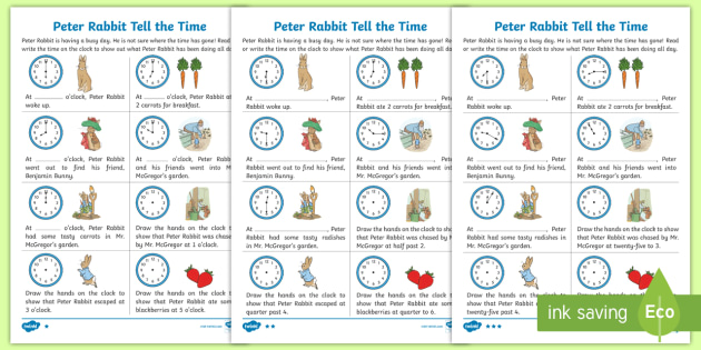 ks1 peter rabbit tell the time worksheets teacher made