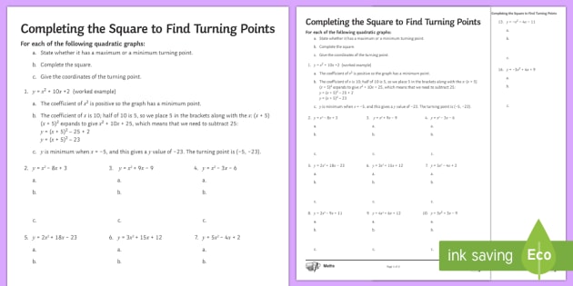 Completing The Square To Find Turning Points Worksheet Worksheet