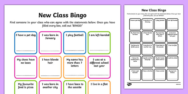 first day of class bingo