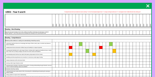 2014 National Curriculum UKS2 Years English Reading Assessment Spreadsheet