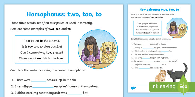 Homophones To Two Too Worksheet English Resources