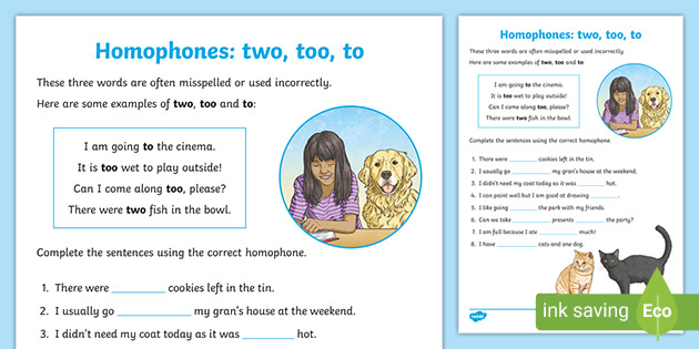 homophones to two too worksheet english resources