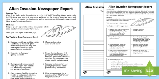 Alien Invasion Newspaper Report Writing Template