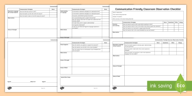 Communication Friendly Classroom Observation Checklist Slcn