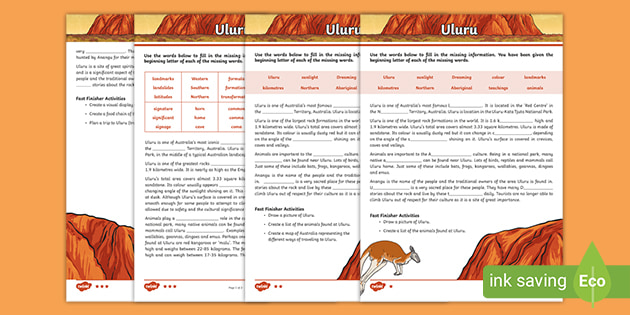 Uluru Years 3 6 Differentiated Cloze Passage Worksheets