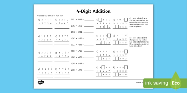 4 digit addition pdf maths primary resources