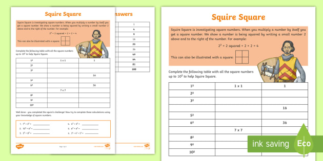 Squire Square (Square Numbers) Worksheet (teacher made)