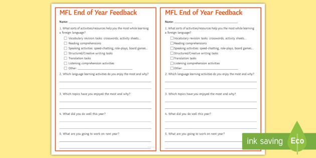 End Of Year Feedback Questionnaire Cards Survey Modern Foreign - save resource
