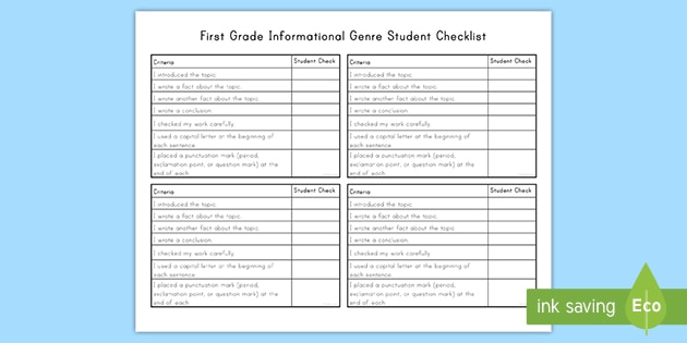 First Grade Informational Writing Genre Student Checklist