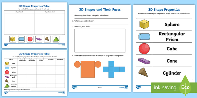 properties of 3d shapes worksheet / activity sheets - 3d shapes