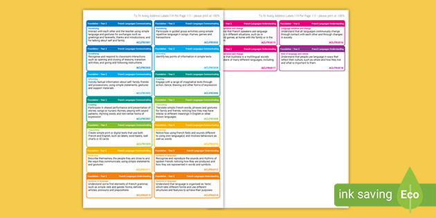 Australian Curriculum French F-2 Learning Outcomes Stickers